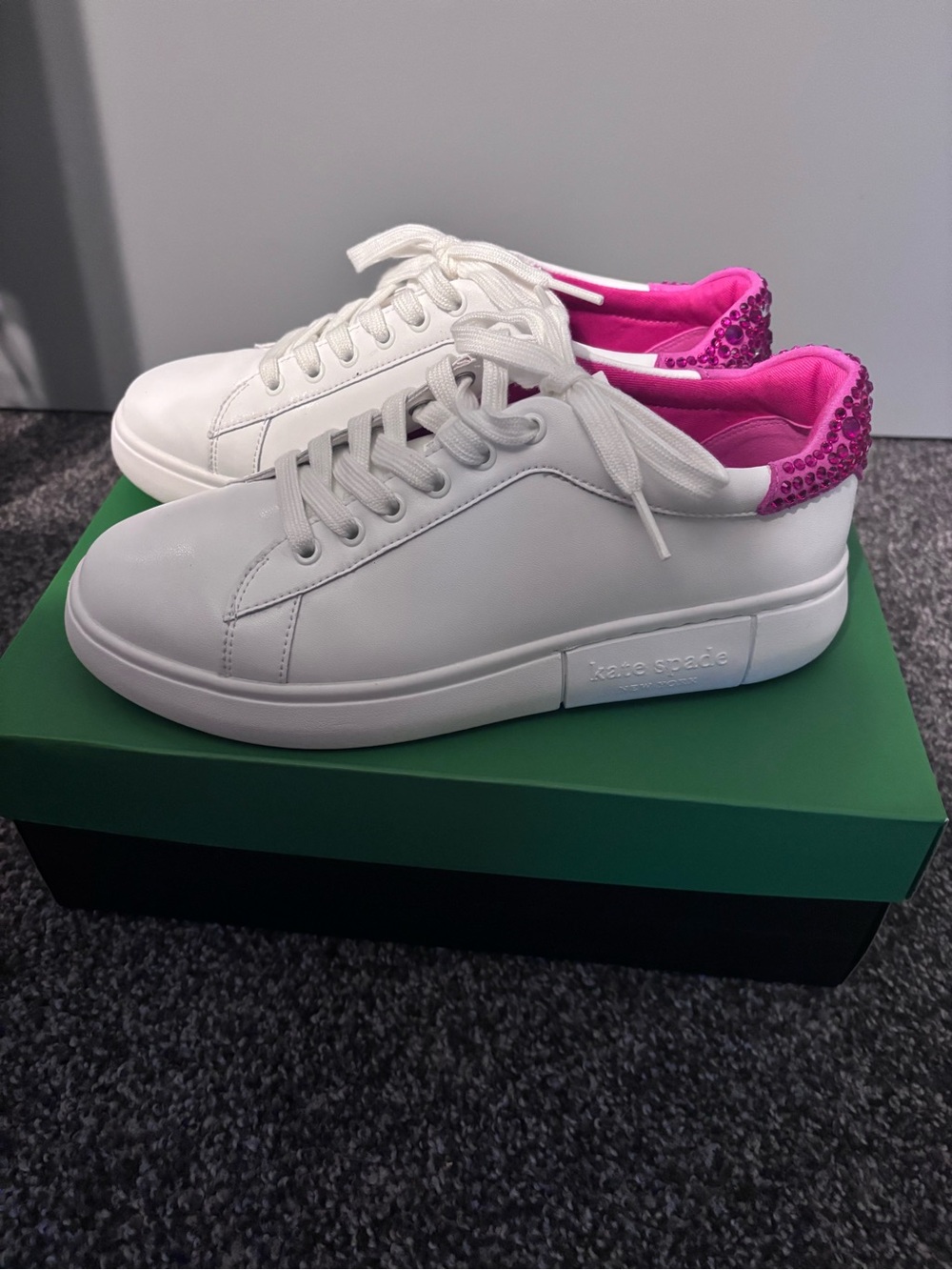 kate spade White Leather Sneakers with Pink Crystal Heel